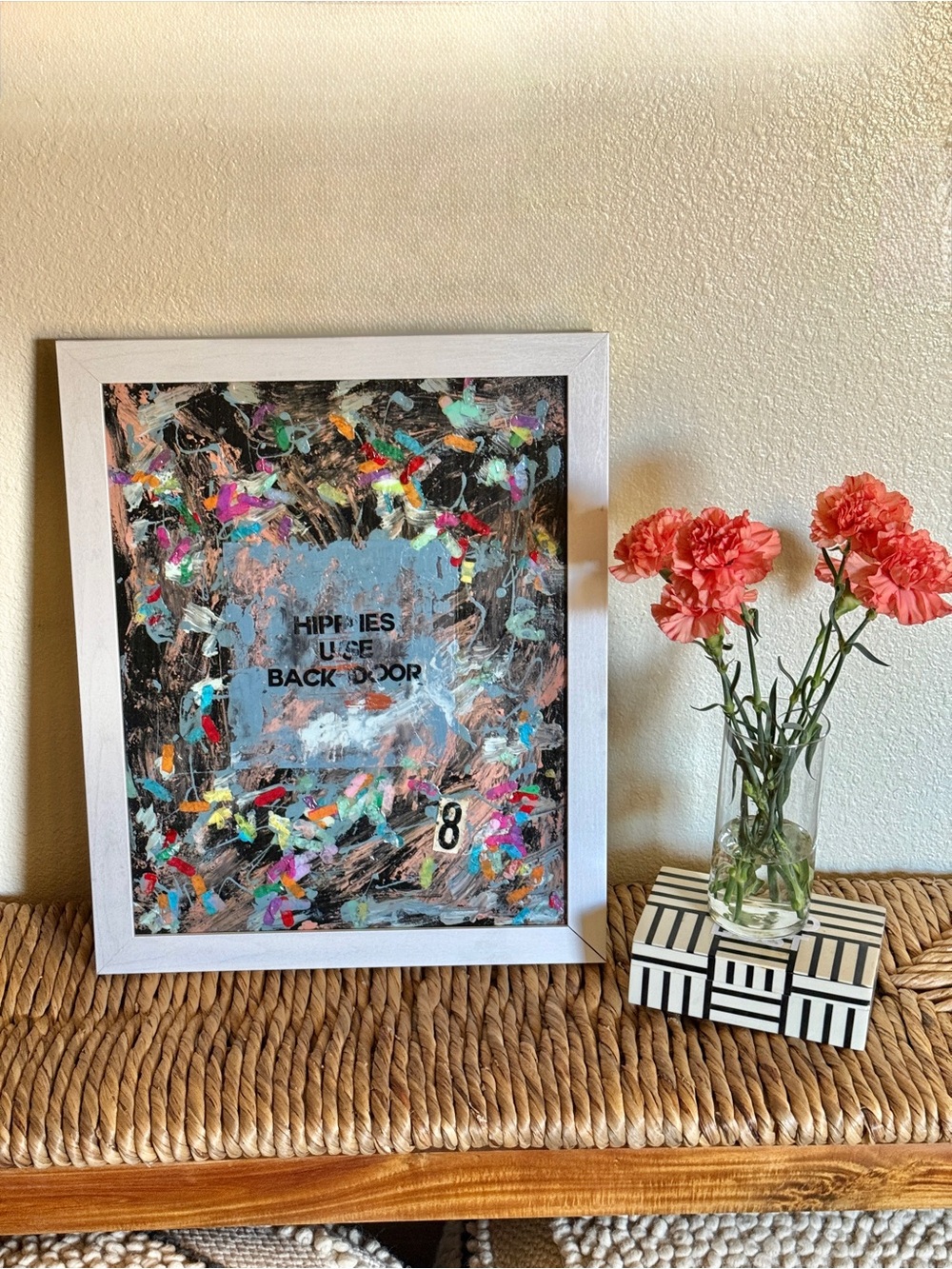 New 16x20” white frame Colorful graffiti Abstract mixed media painting Wall Art